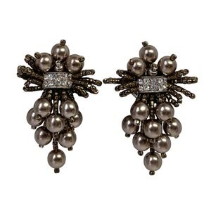 60s Lois Ann Gold Plated Brown Bead White Stone Fringe Drop Dangle Clip Earrings